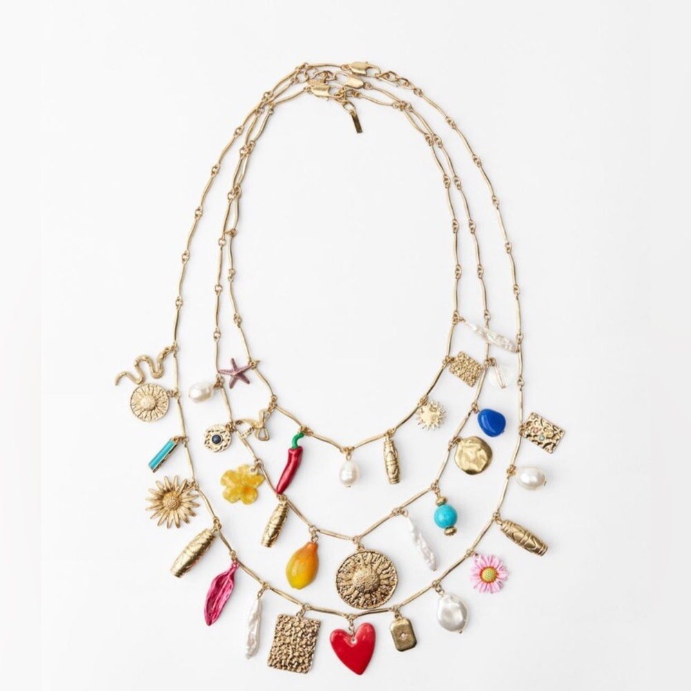 Gold Multi-Charm Layered Necklace with Colorful Enamel Accents